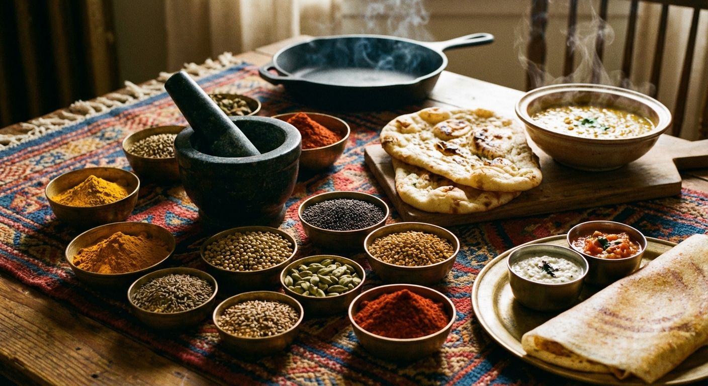Overhead still-life of Indian spices in brass bowls, naan, masala dosa and dal on a rustic table, warm golden lighting.