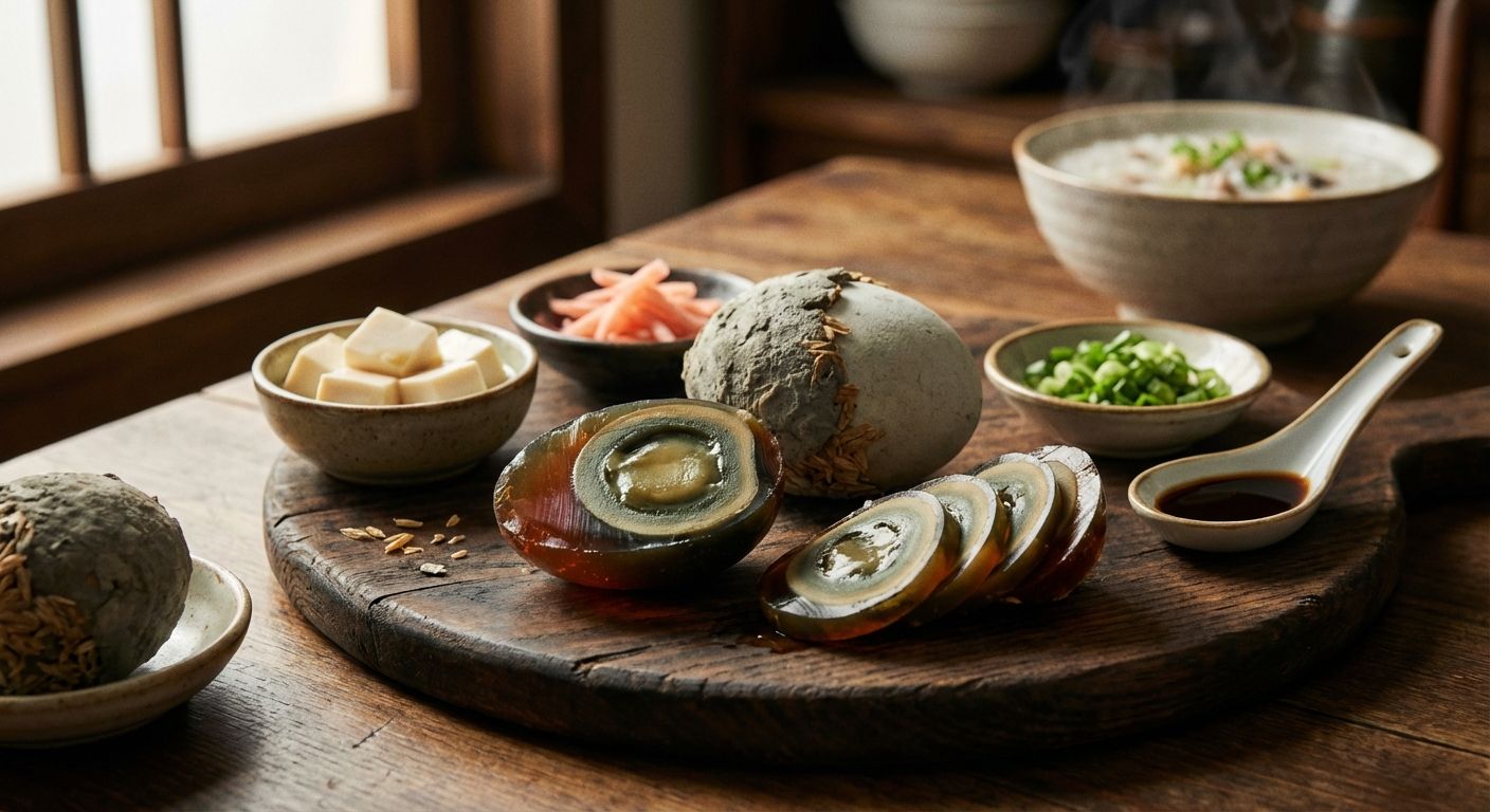Halved thousand-year egg (pidan) showing amber translucent white and creamy green yolk, plated with silken tofu, pickled ginger and scallions on a wooden board.