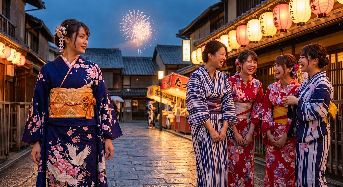 A woman in a silk kimono and friends in colorful yukata beneath glowing festival lanterns and distant fireworks