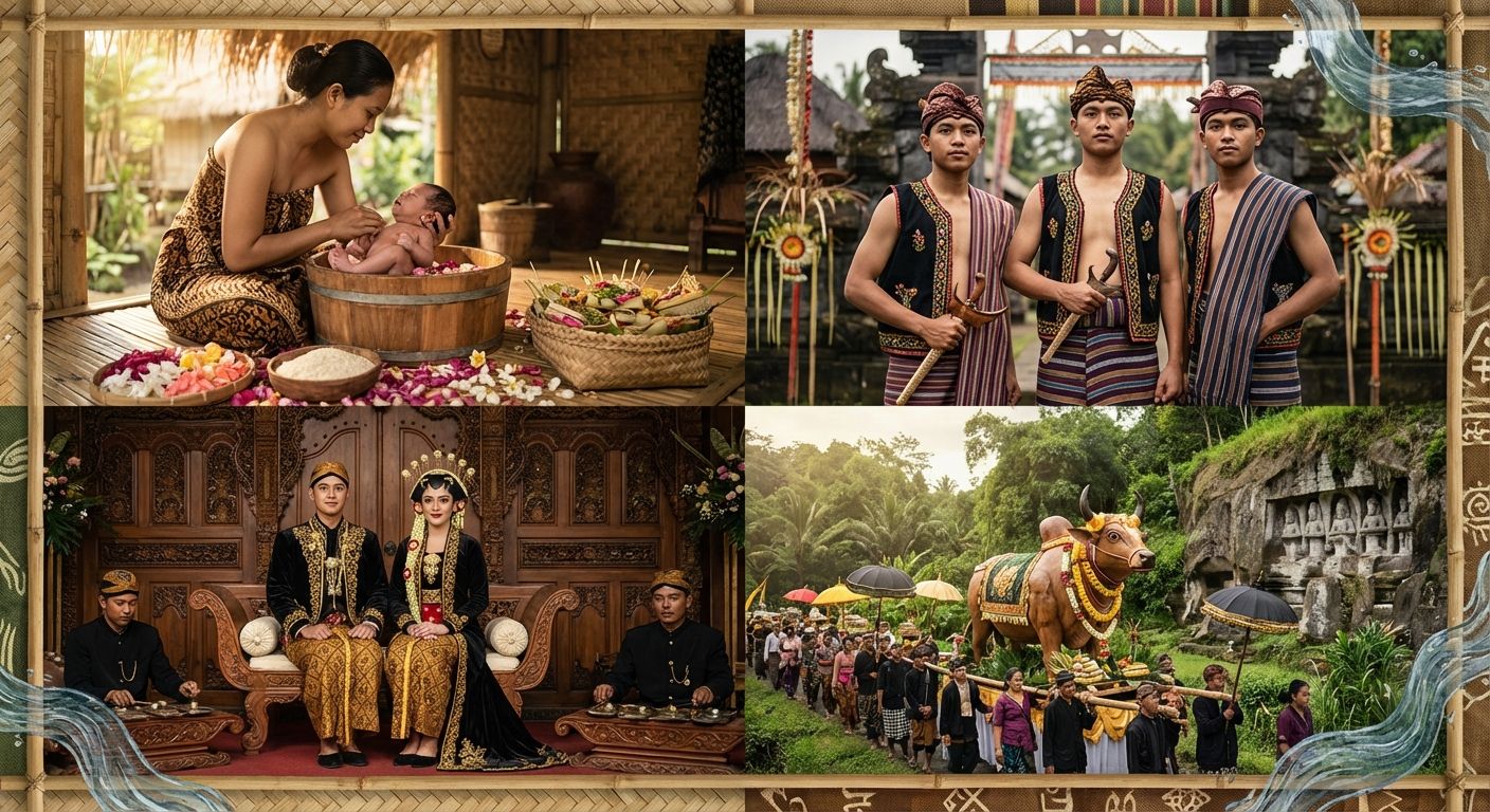 Composite image showing Indonesian rites of passage: newborn naming ritual, coming-of-age initiation, Javanese wedding, and Balinese/Toraja funeral procession, rendered in warm, documentary-style realism.