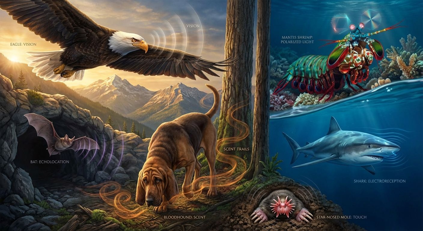 Composite illustration of animals with keen senses: an eagle, bat, bloodhound, mantis shrimp, shark and star-nosed mole highlighting their sensory organs and sensory cues.