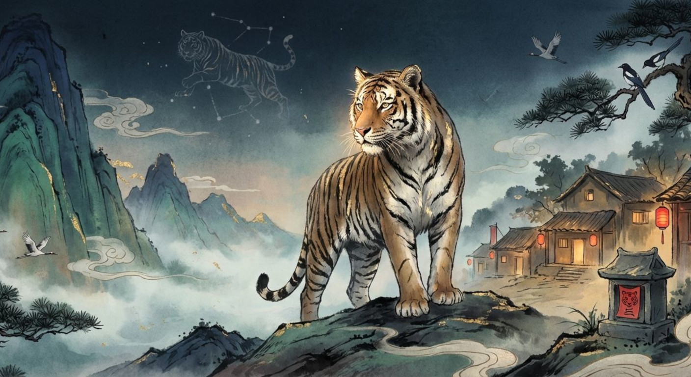 A majestic tiger between misty mountains and a village, blending traditional East Asian ink style with realistic details; symbols like a shrine, White Tiger constellation and magpies suggest folklore and protection.
