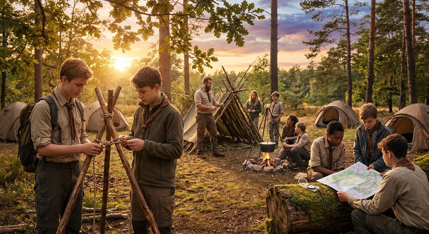 Diverse group of youth and leaders practicing scouting skills in a forest clearing at golden hour: tents, map, shelter-building and a safe campfire in view.