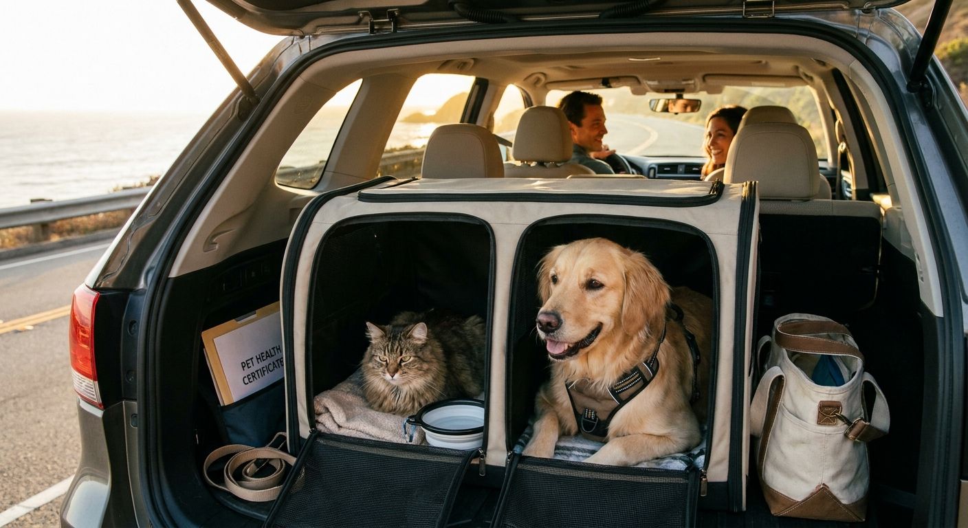 Family car trip with a calm dog in a harness and a cat on a blanket beside a pet travel bag and health documents, coastal road at golden hour.