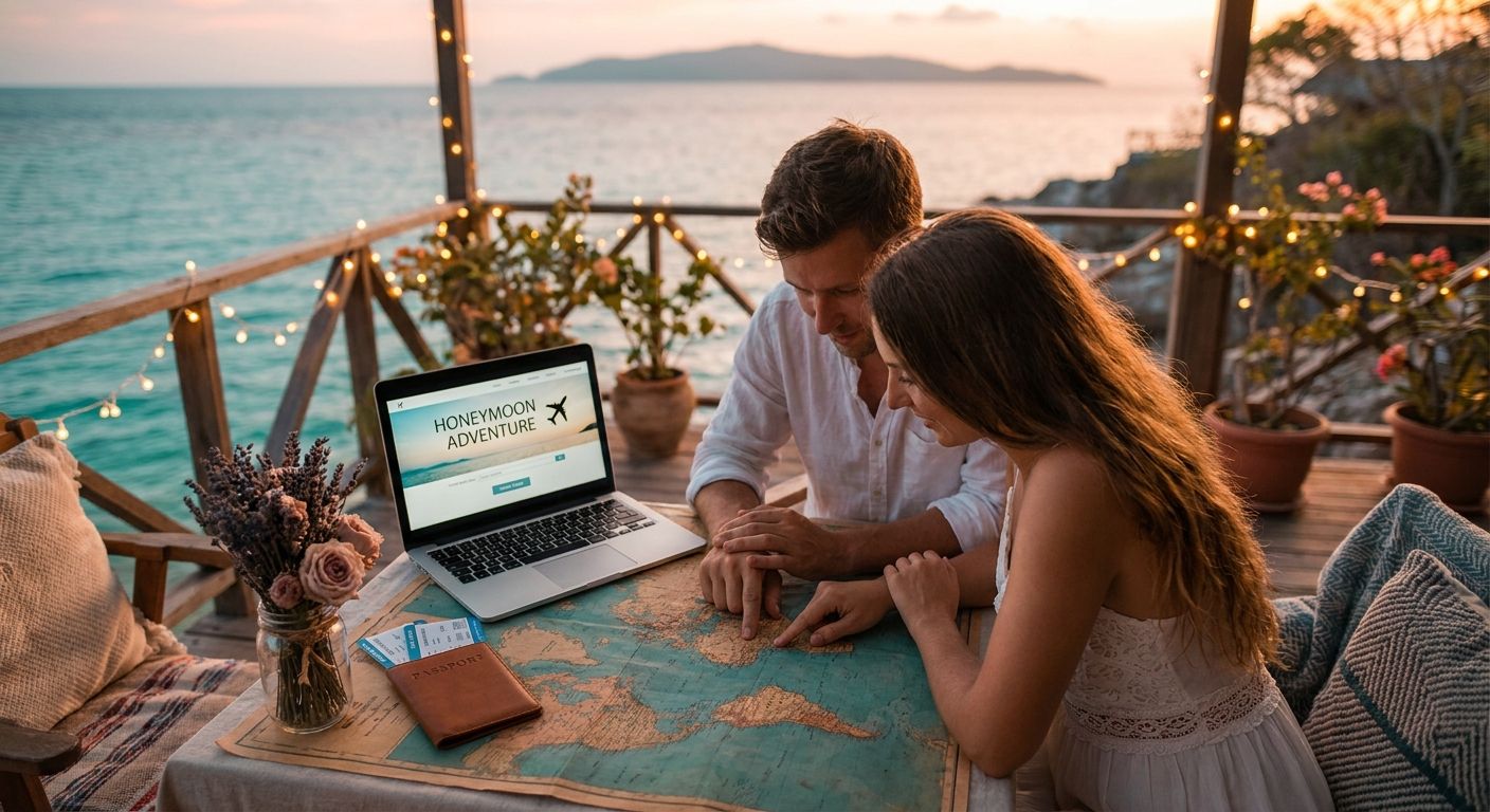 Newlywed couple planning their honeymoon at sunset on a seaside terrace with a map, laptop, passport and boarding passes on the table, warm golden light and soft ocean backdrop.