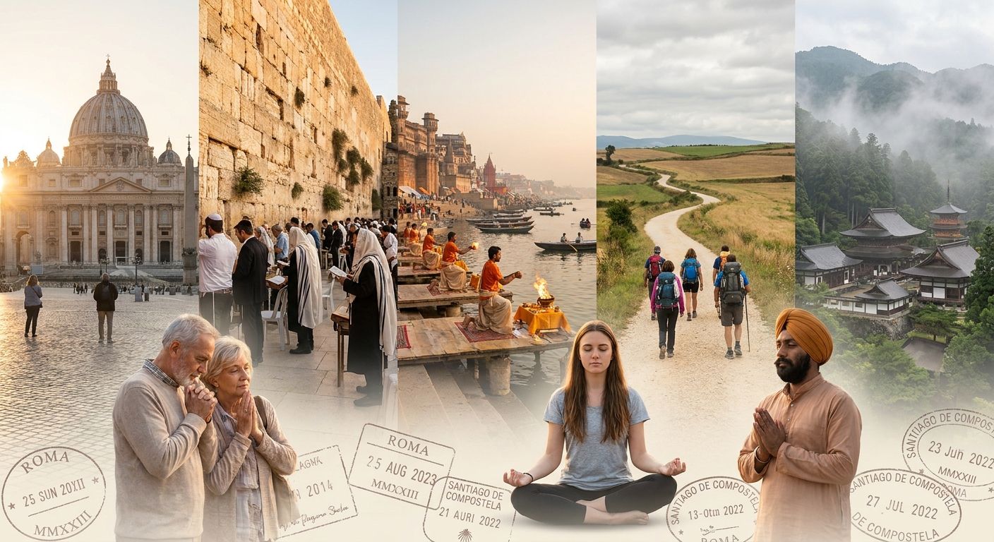 Collage of pilgrims and sacred sites—Vatican, Western Wall, Varanasi ghats, Camino walkers and a mountain monastery—evoking religious tourism and spiritual journey.