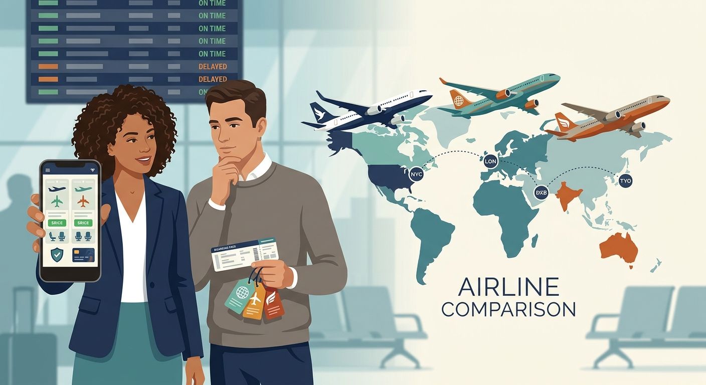 Passengers comparing airlines on a smartphone and boarding passes at an airport, with airplanes and departure board in the background representing price, comfort, safety and loyalty choices.