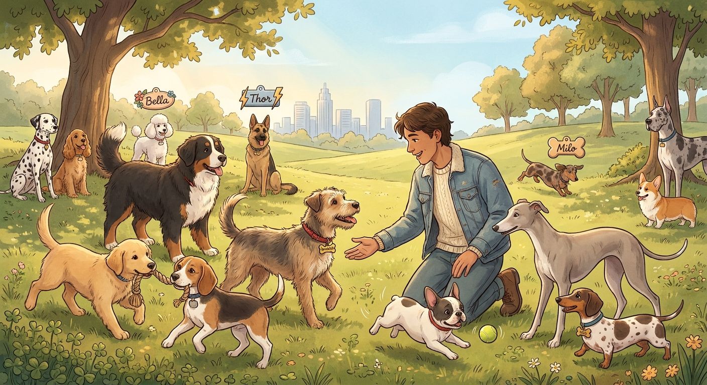Illustration of diverse dogs in a sunny park with visible name tags, conveying warm, friendly atmosphere and name variety
