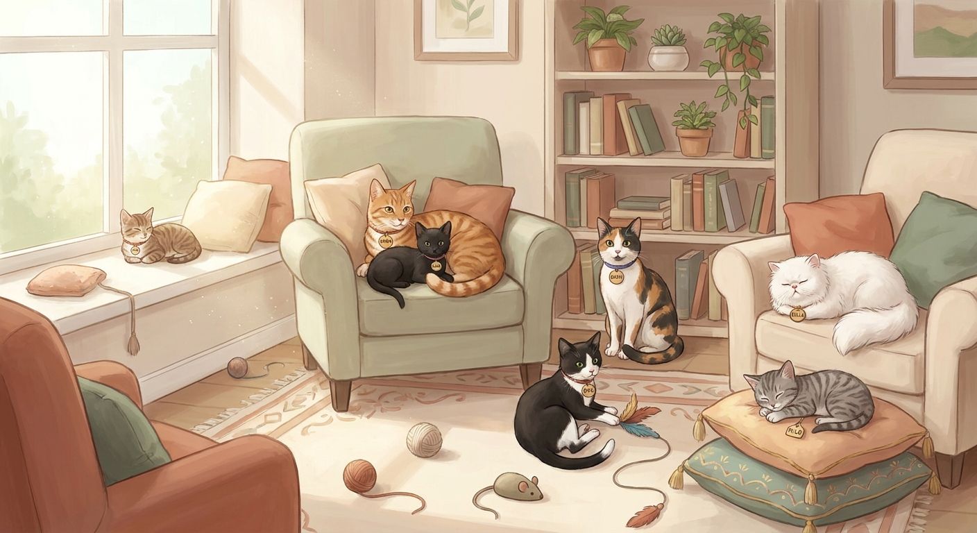 Illustration of several diverse pet cats in a cozy living room, each wearing a name tag, warm lighting and soft pastel tones