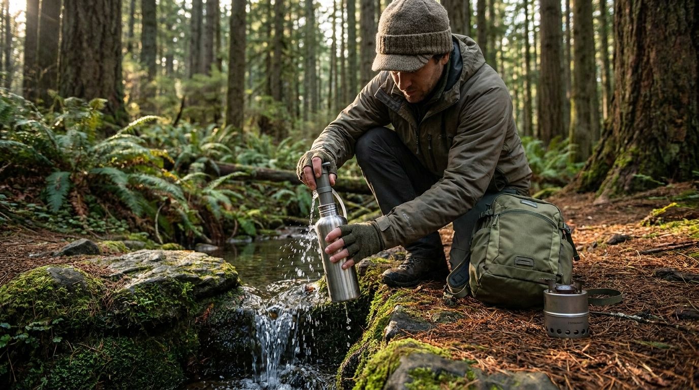 Hiker collecting clear spring water in a forest using a portable filter and stainless steel bottle