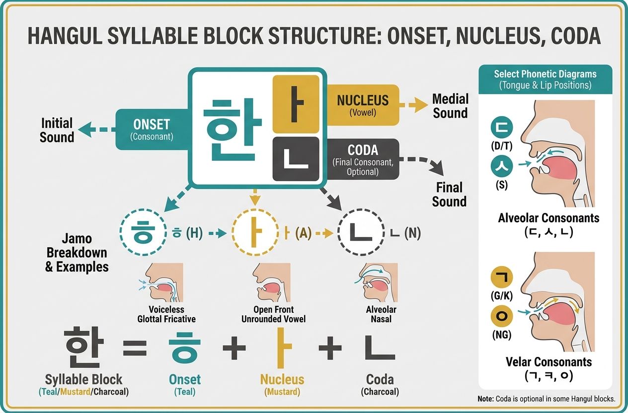 Infographic breaking down a Hangul syllable block into jamo with phonetic diagrams