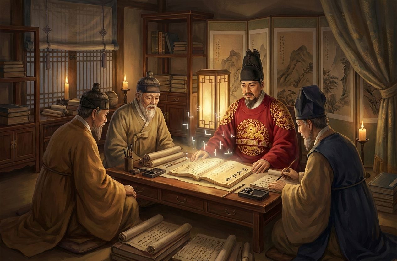 Painterly depiction of King Sejong and scholars reviewing Hunminjeongeum with Hangul characters overlaid