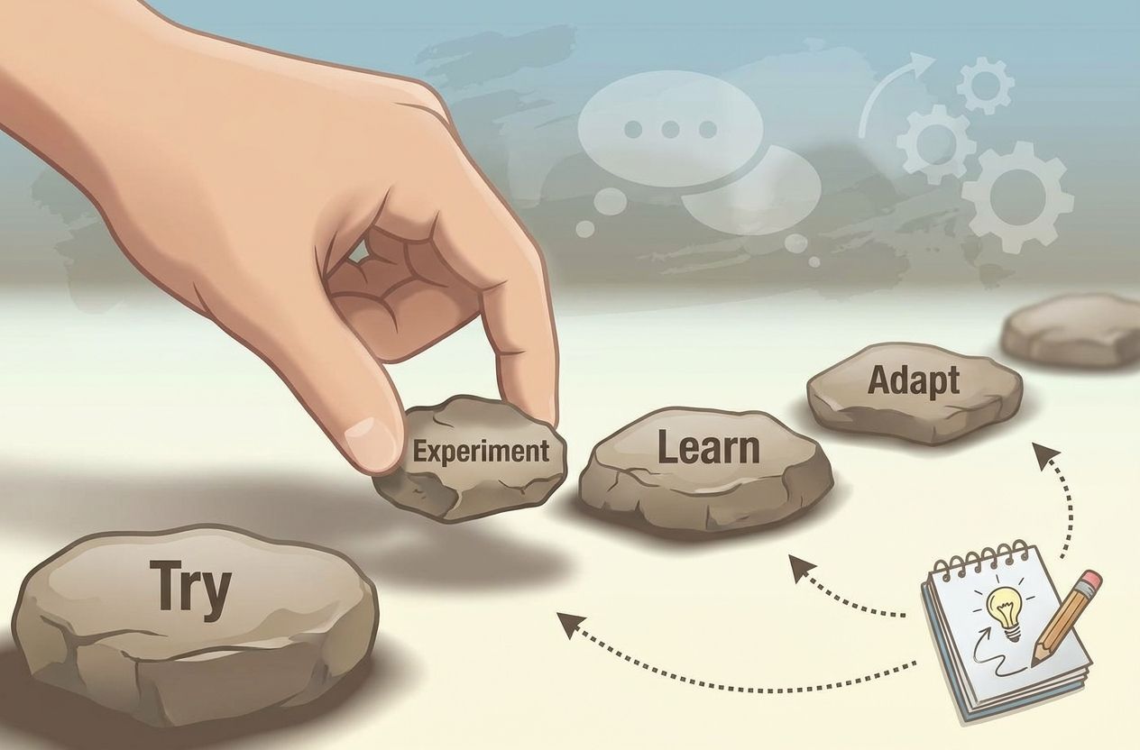 Hand placing stepping stone labeled 'Experiment' with nearby stones labeled 'Try', 'Learn', 'Adapt' symbolizing iterative progress
