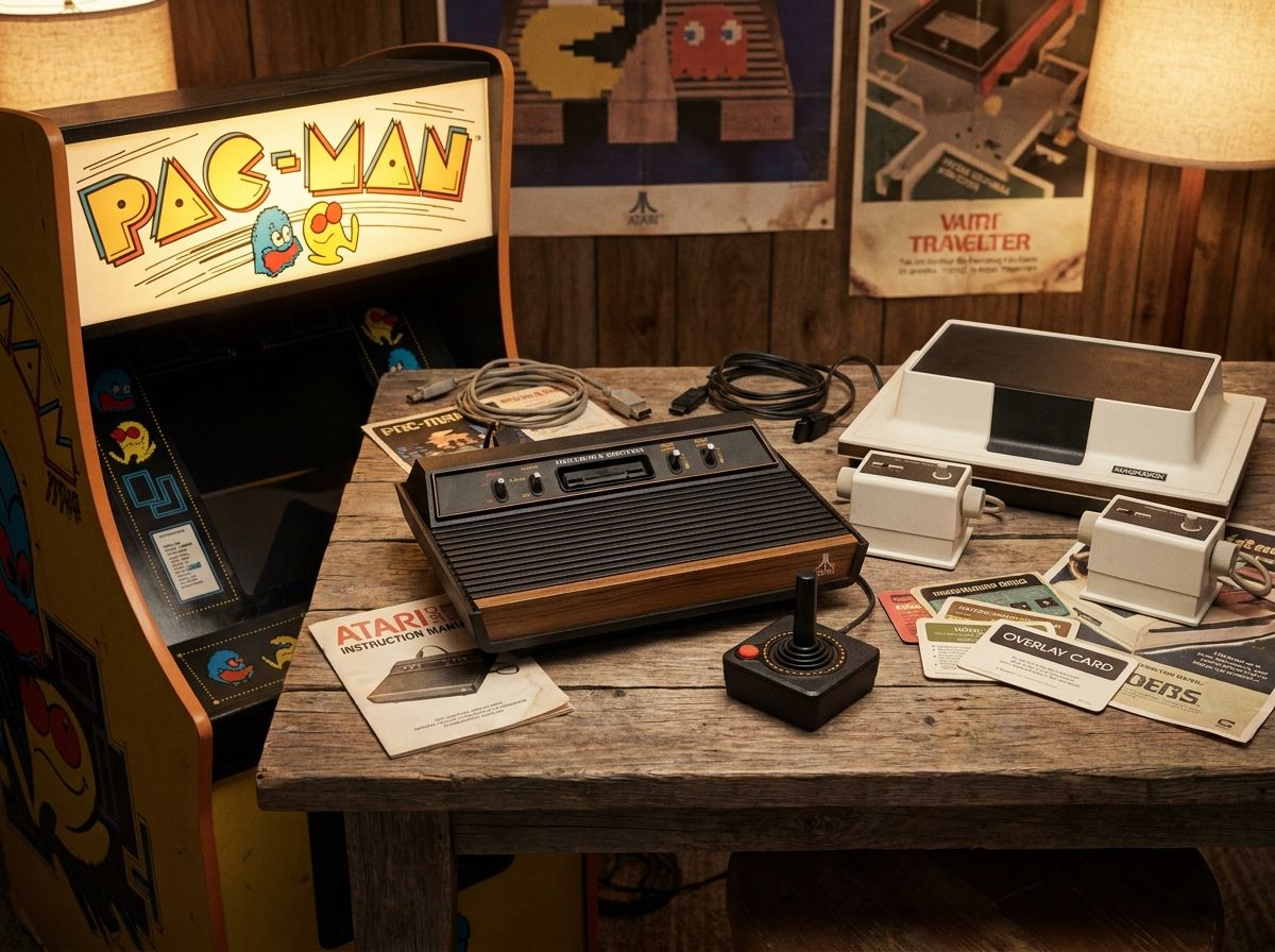 Collage of classic gaming hardware including Atari 2600, Pac-Man arcade cabinet and Magnavox Odyssey with warm nostalgic lighting.