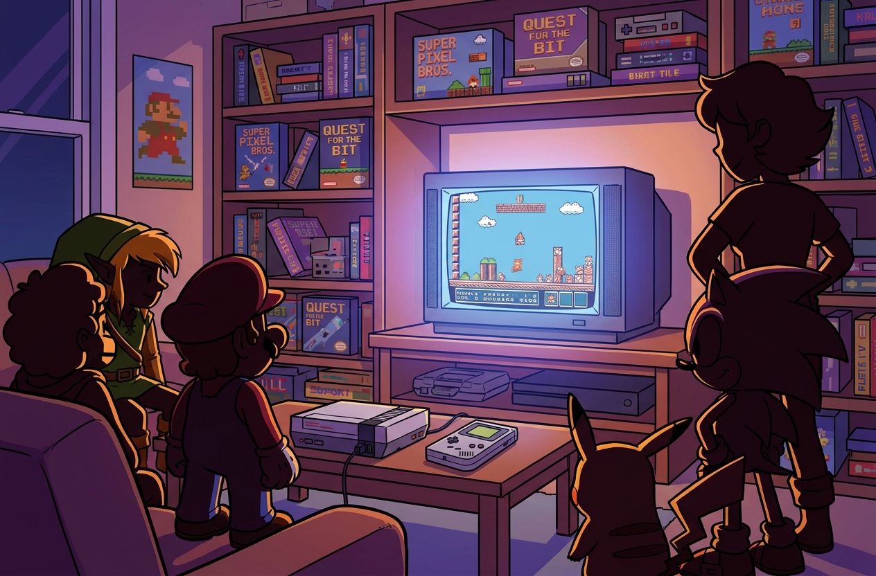 Retro living room scene showing NES and Game Boy with silhouettes of iconic characters and CRT glow evoking 80s–90s nostalgia.