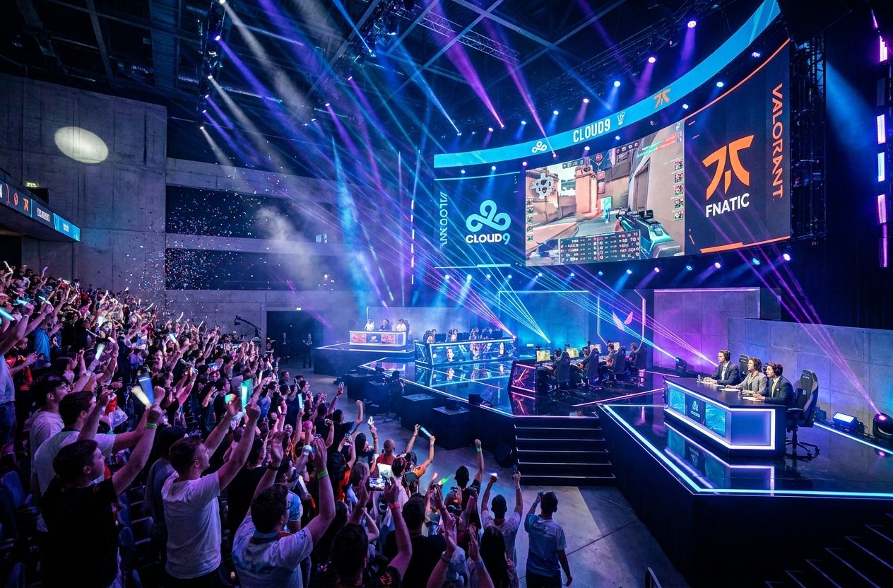 View of a modern esports arena with teams competing onstage and large LED screens, bathed in blue and purple lighting.
