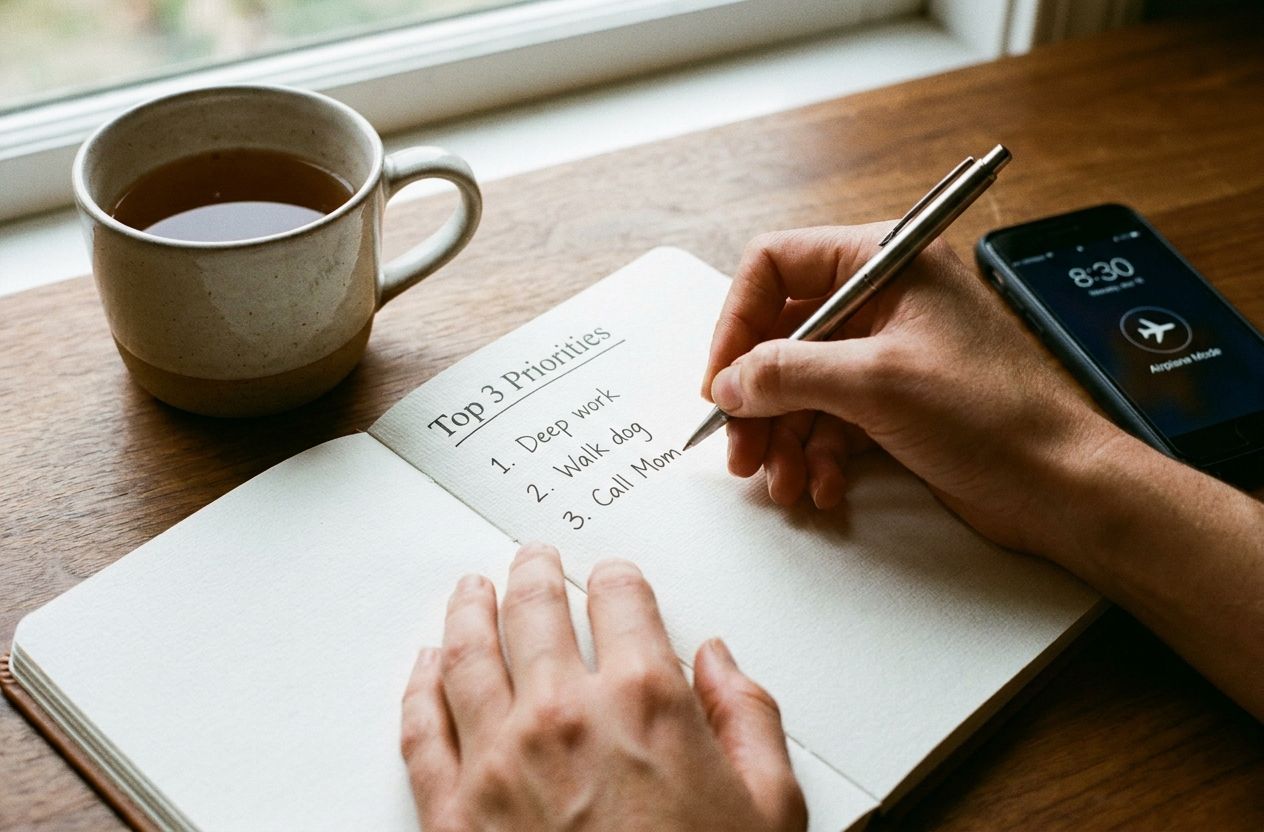 Notebook with 'Top 3 Priorities' checklist, tea cup and phone in airplane mode, symbolizing focused work and boundary-setting.