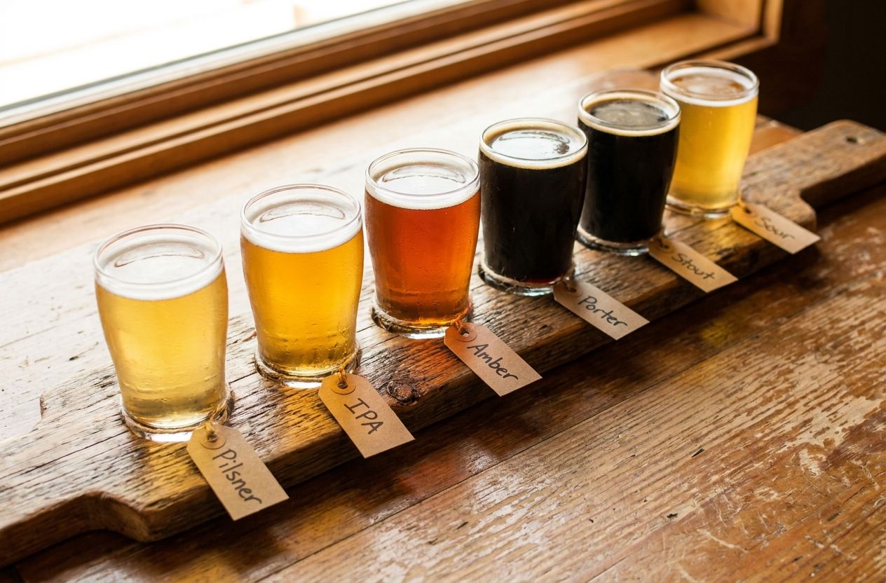 Overhead view of six-beer flight with labeled tags and condensation on glasses