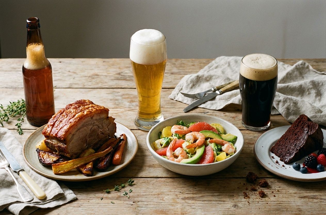 Assorted beer bottles paired with corresponding dishes: pork with amber ale, seafood with pilsner, and chocolate cake with stout