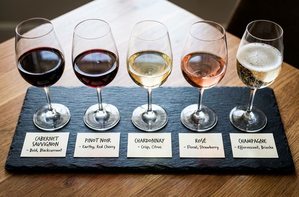 Top-down view of five wine glasses on a slate board showing different wine colors with tasting note cards.