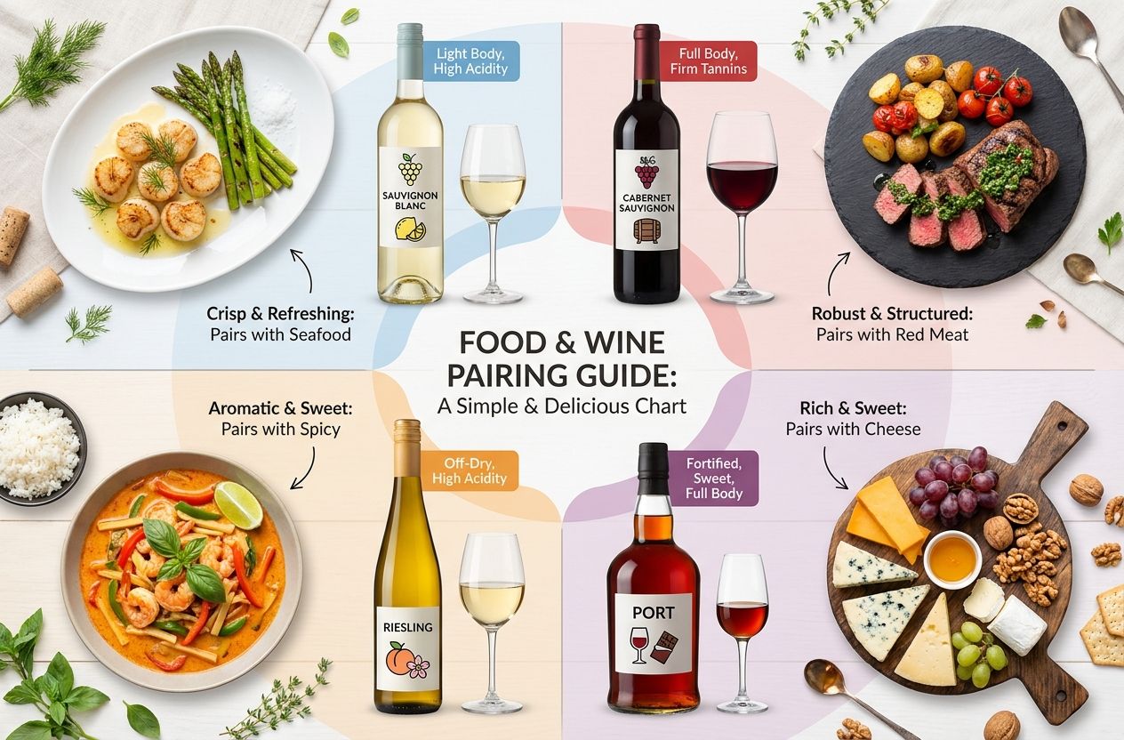 Flat-lay wine and food pairing chart with plates and labeled wine glasses for quick reference.