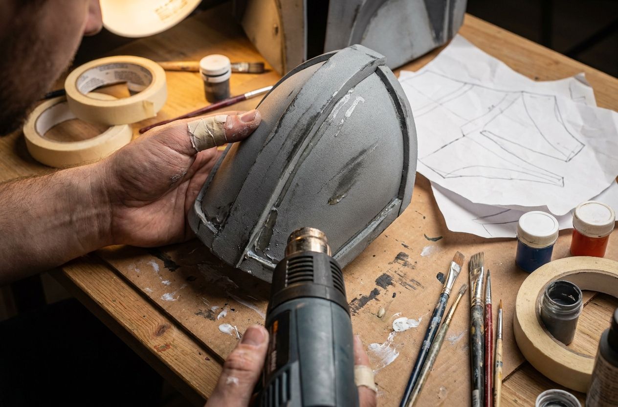 Cosplayer repairing EVA foam armor on a workbench with tools and paint visible
