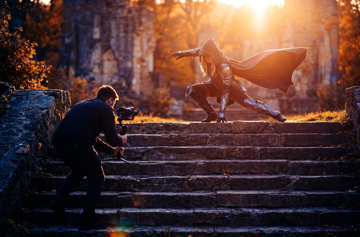 Cosplayer posing outdoors on stone steps during a photoshoot with dramatic lighting