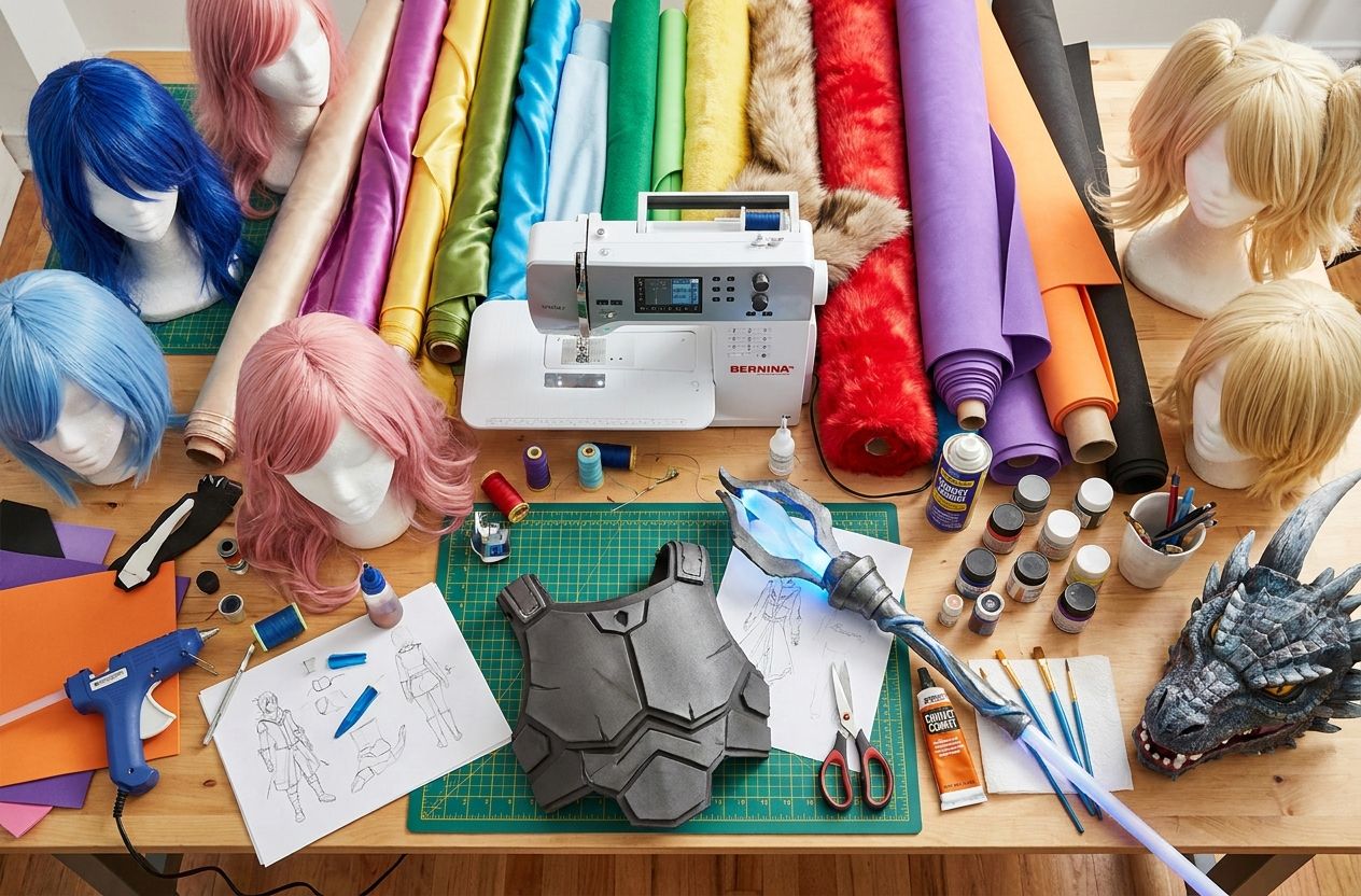 Workshop table with sewing machine, fabrics, wigs and partially completed cosplay props