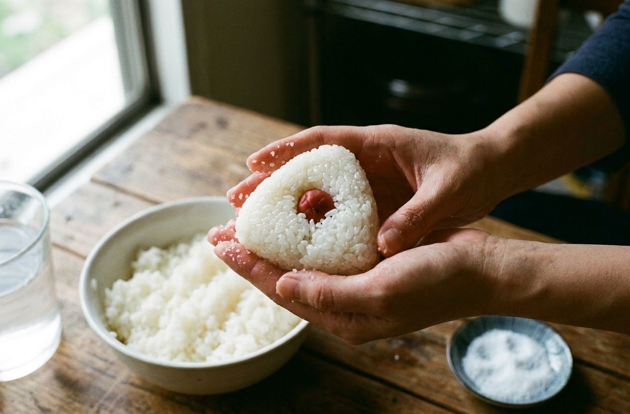 Hands shaping a triangular onigiri with umeboshi filling and visible grains of rice