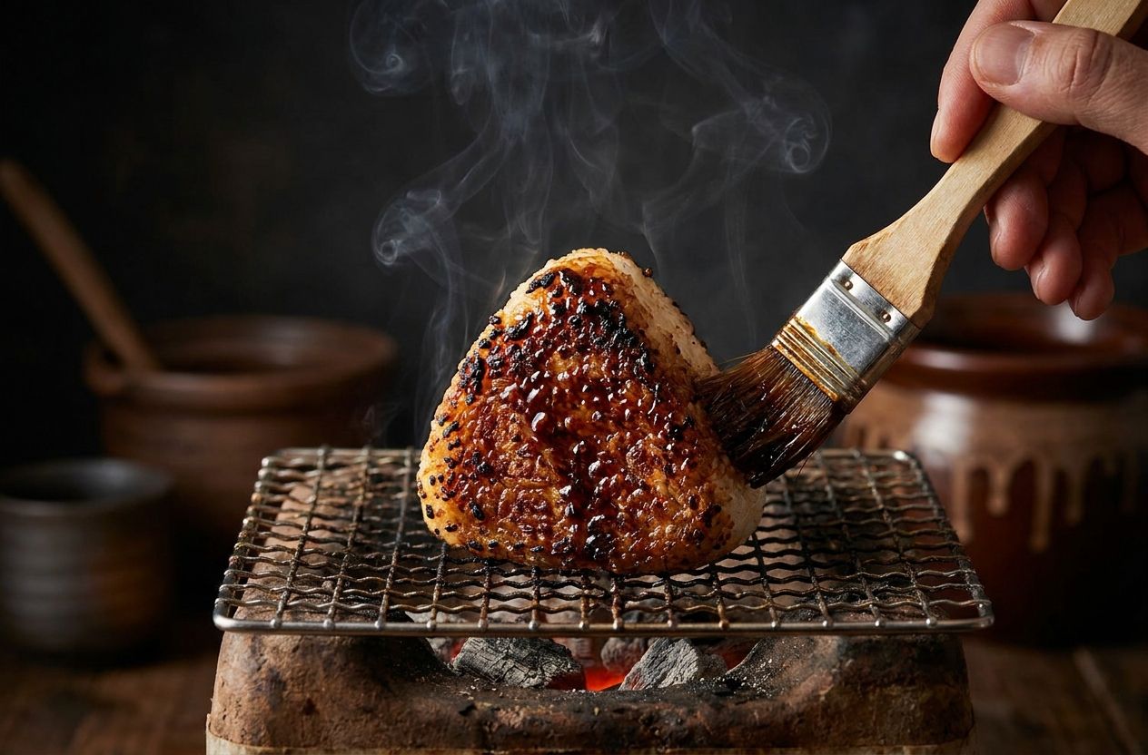 Yaki onigiri on a grill being brushed with glaze, showing crispy caramelized surface