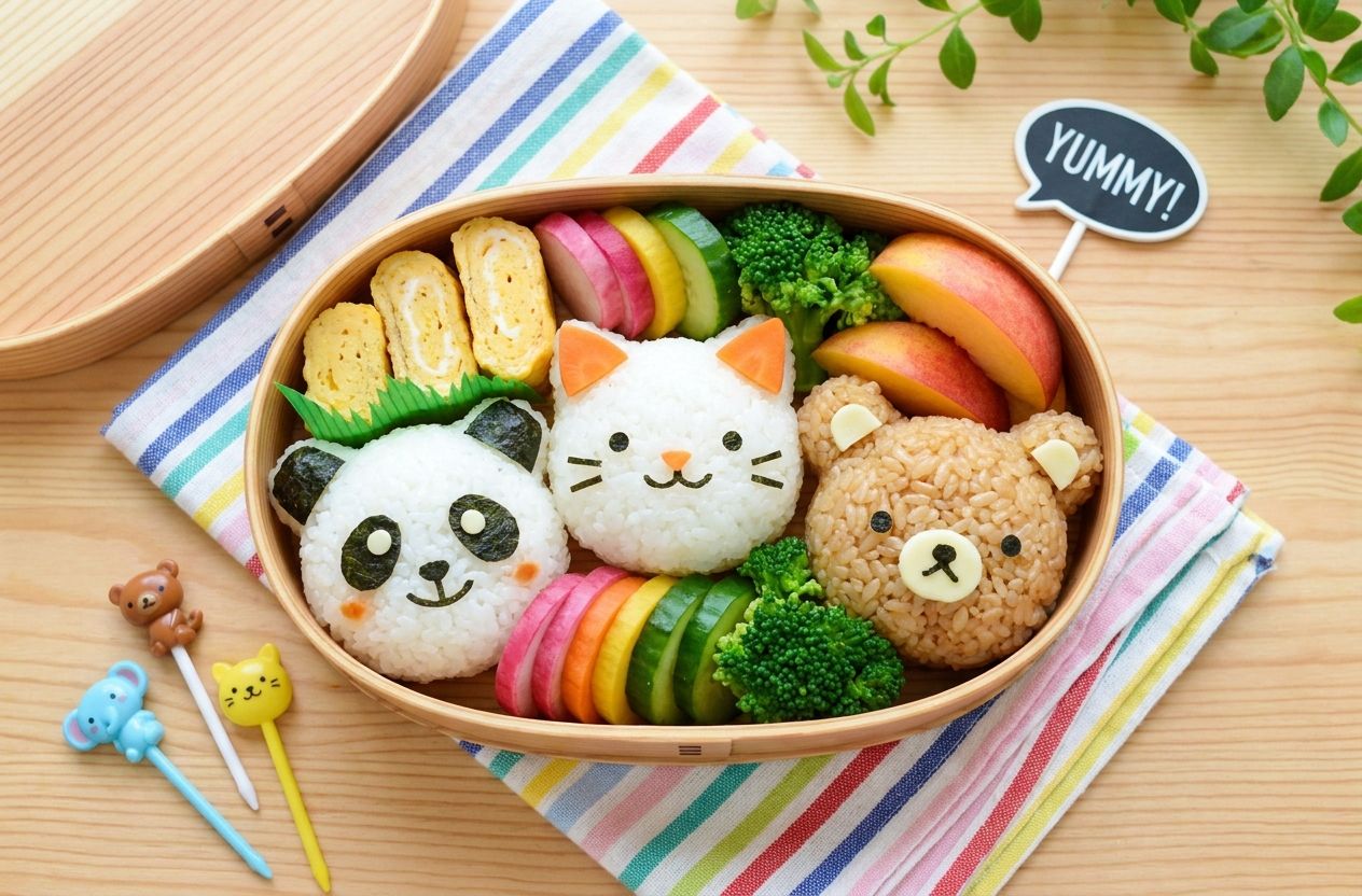 Bento box with character-shaped onigiri and colorful side dishes, arranged neatly