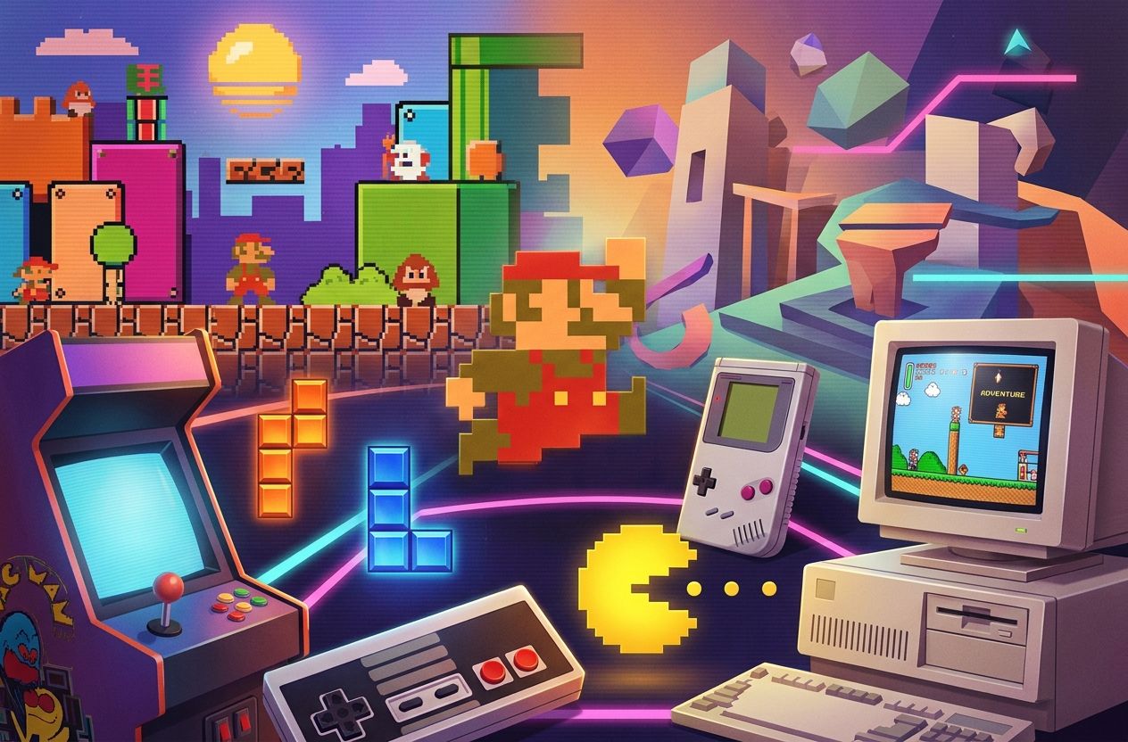 Collage of iconic classic games and vintage consoles spanning generations, rendered in nostalgic pixel-to-low-poly style.