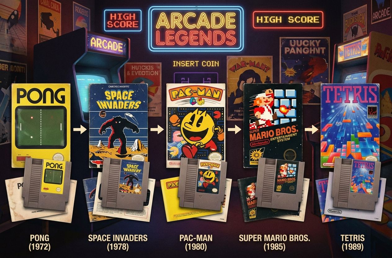 Timeline collage of early classic game covers and cartridges with a retro arcade backdrop