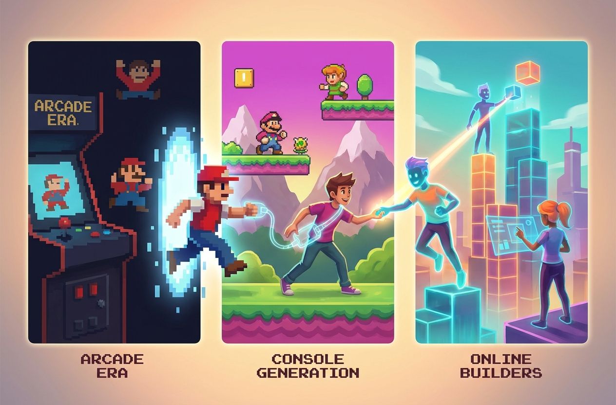 Split-panel showing the visual evolution of game scenes from 8-bit arcade to modern sandbox gameplay