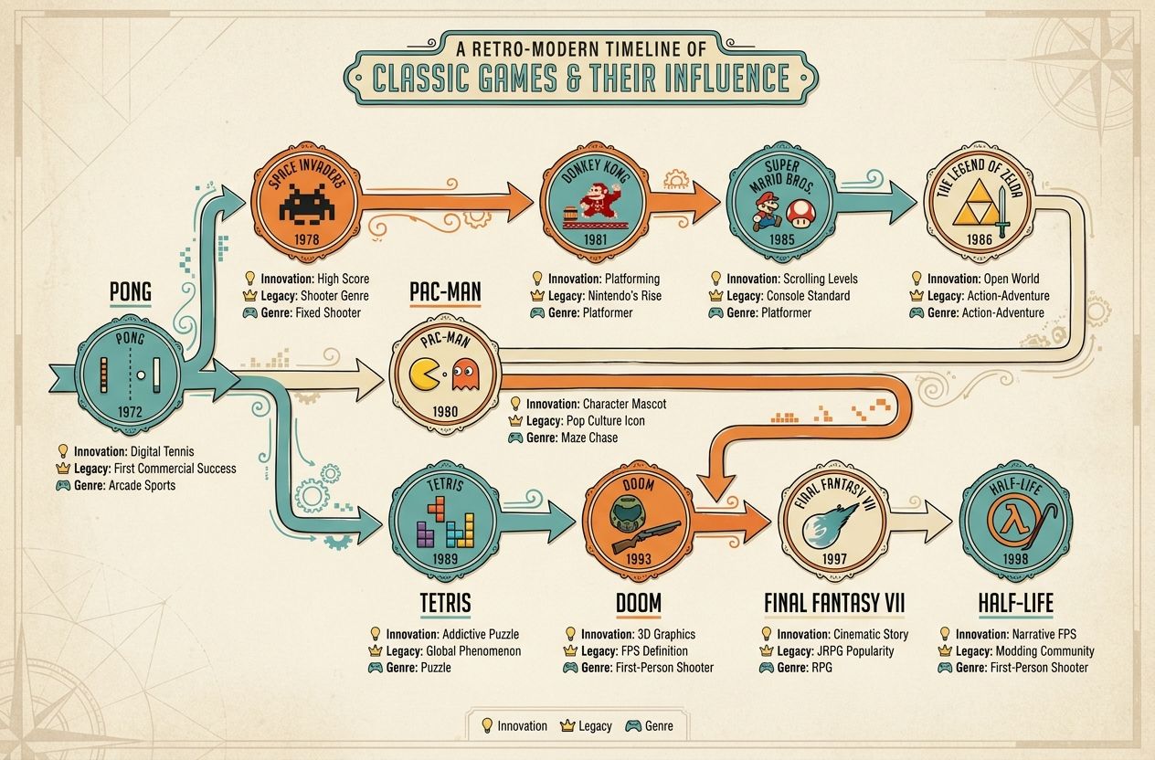 Infographic timeline mapping ten classic games to release years with icons and brief innovation tags