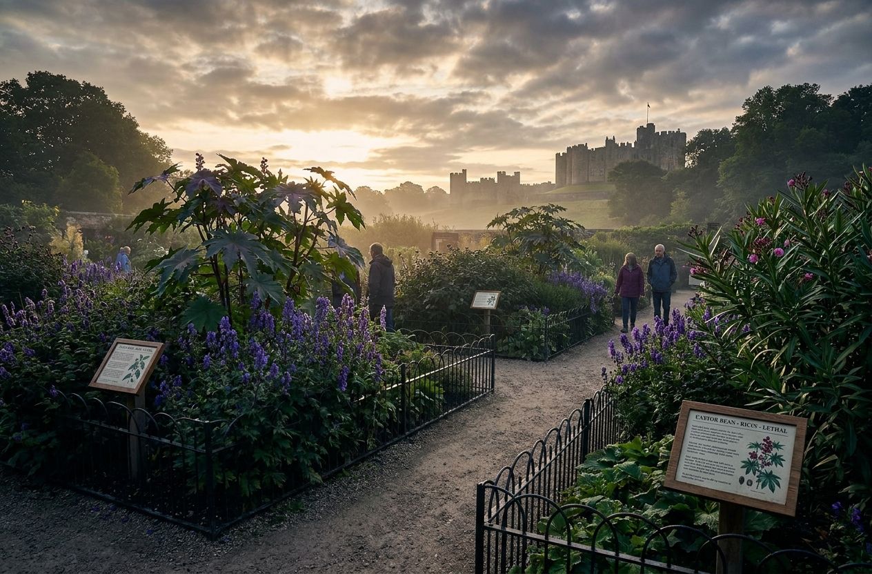 Path through Alnwick Castle's Poison Garden with beds of toxic plants and informational plaques, castle towers visible in the background