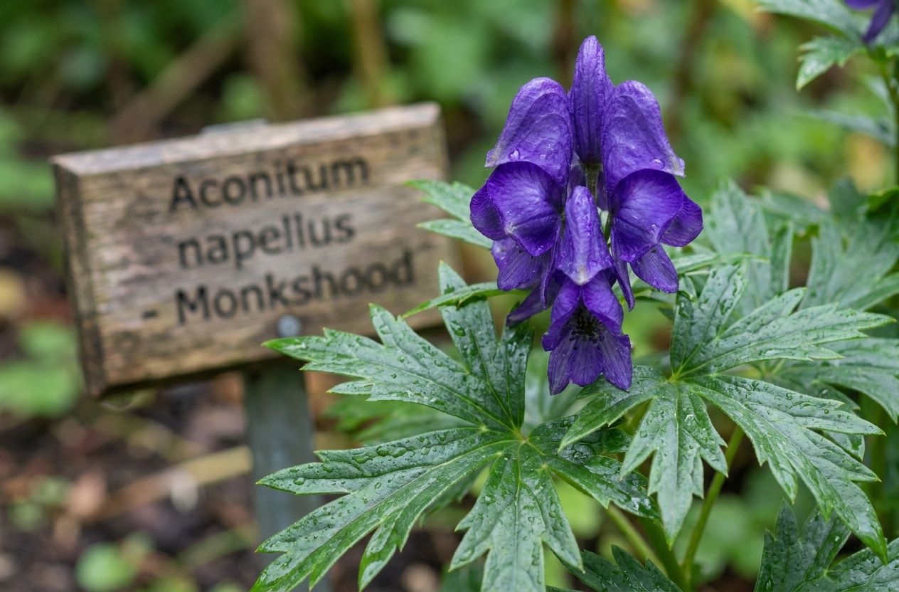 Close-up of monkshood (Aconitum) flowers with identification plaque
