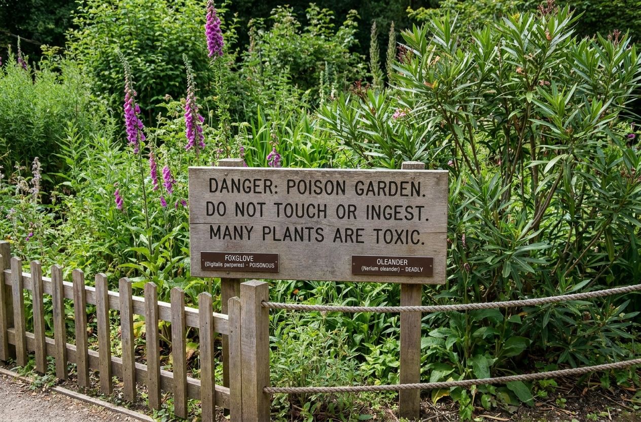Signage and safety barrier in Alnwick's Poison Garden with plant labels visible