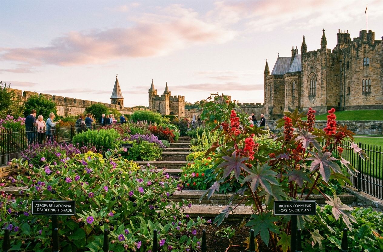View of the Poison Garden with visitors observing from a distance and Alnwick Castle in the background