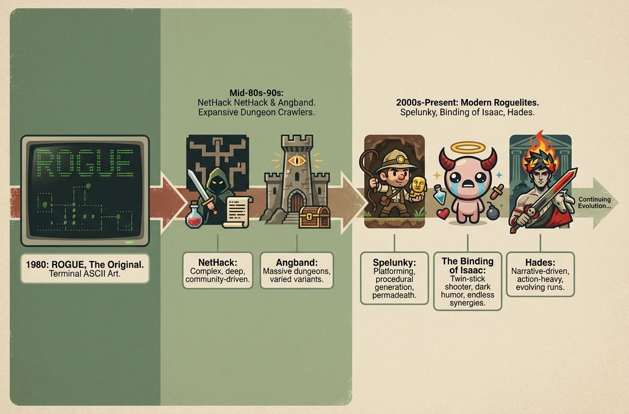 Timeline infographic showing the evolution of the roguelike genre from Rogue to modern roguelites