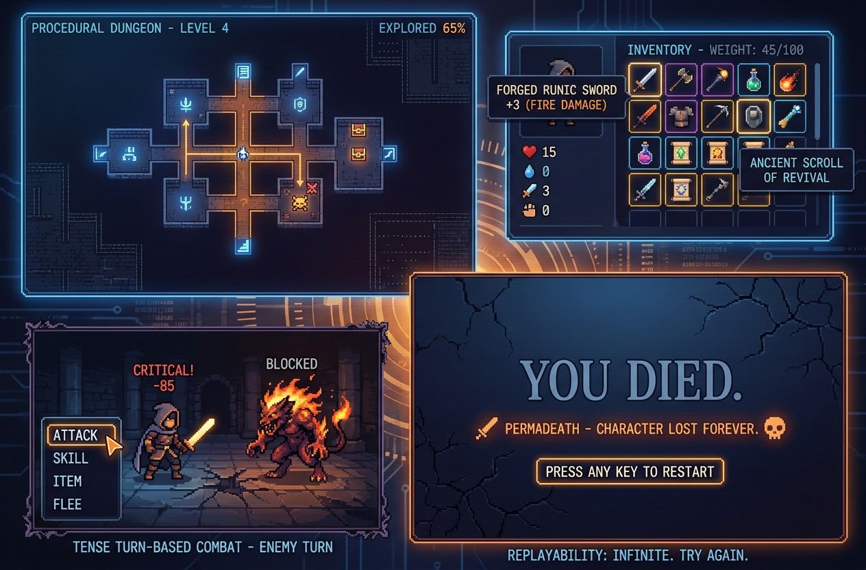 Collage of roguelike gameplay elements: procedural map, inventory, combat and permadeath screen