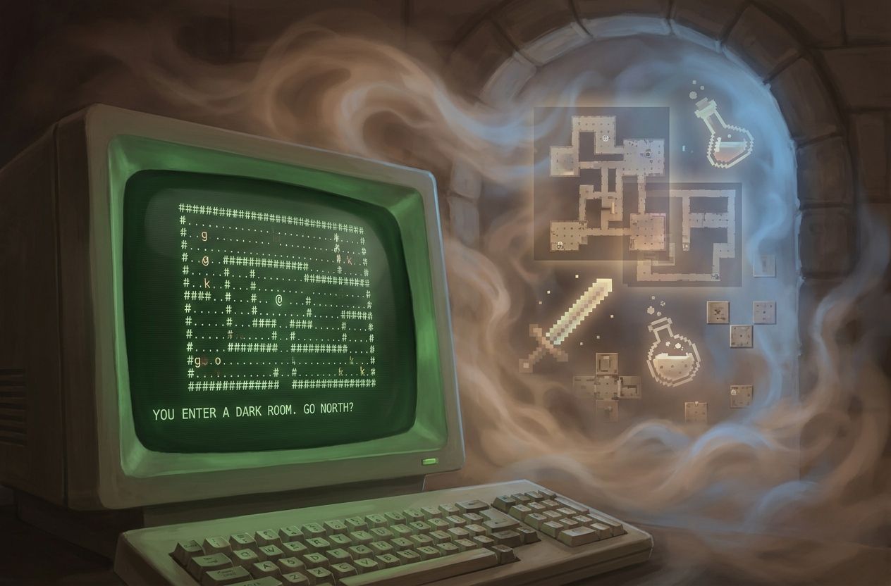 Retro computer terminal showing an ASCII dungeon crawl with symbolic roguelike elements fading into the background