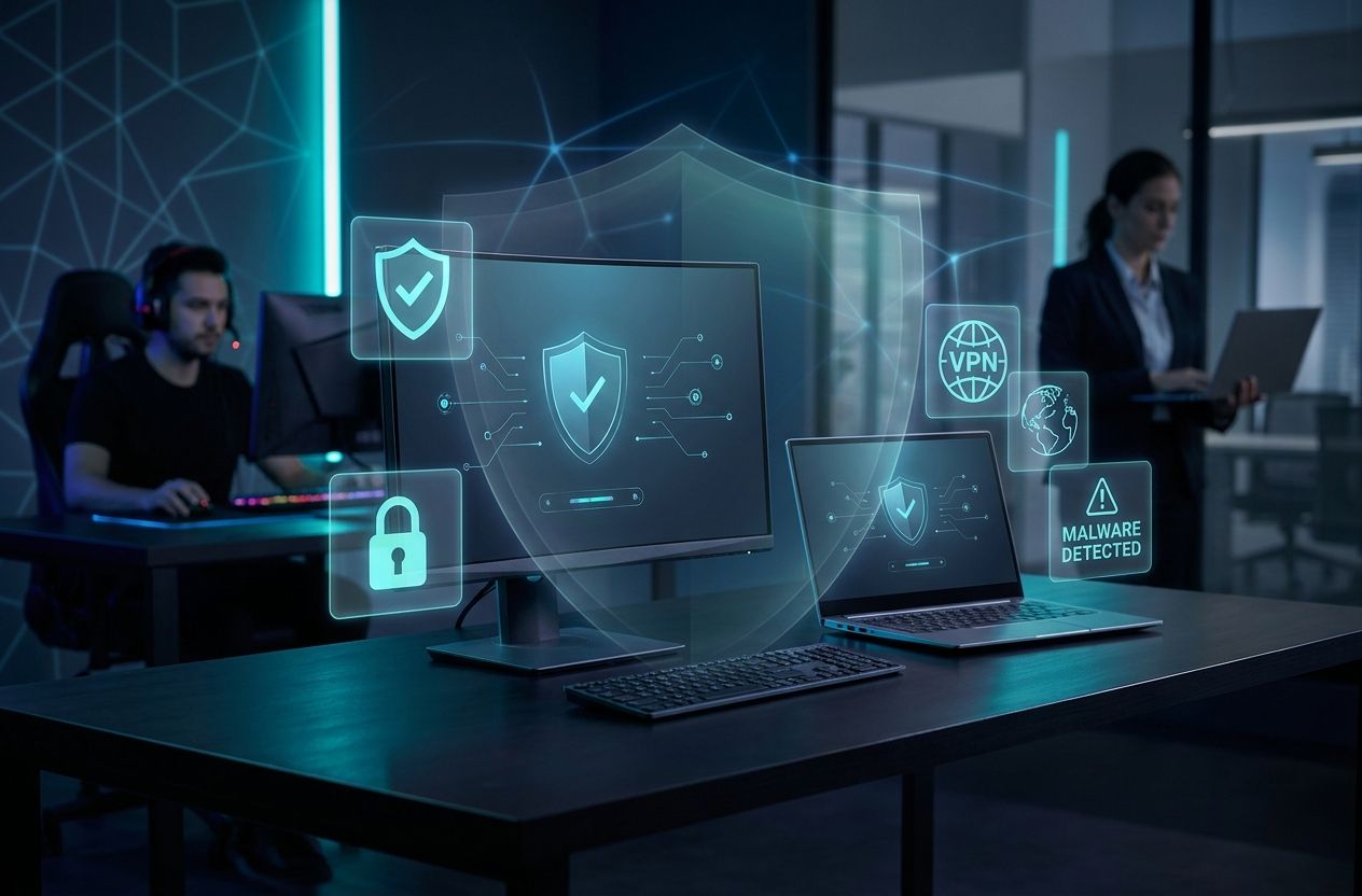 Hero image showing a desktop and laptop protected by a holographic shield with cybersecurity icons, representing antivirus protection for different users