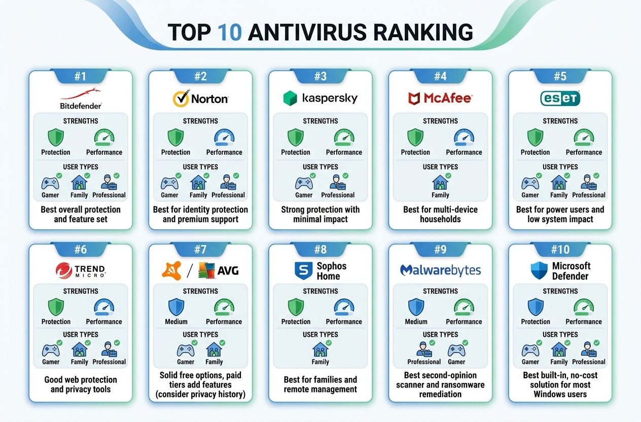 Infographic showing a ranked list of the top 10 antiviruses with icons for protection, performance and best-use profiles