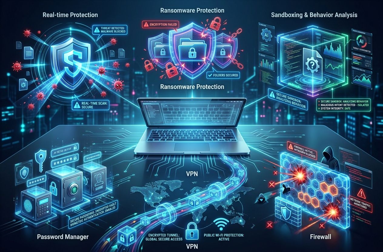 A futuristic cybersecurity illustration showing antivirus protection features including real-time malware scanning, ransomware defense, sandbox analysis, VPN encryption, password management, and a digital firewall protecting a computer system