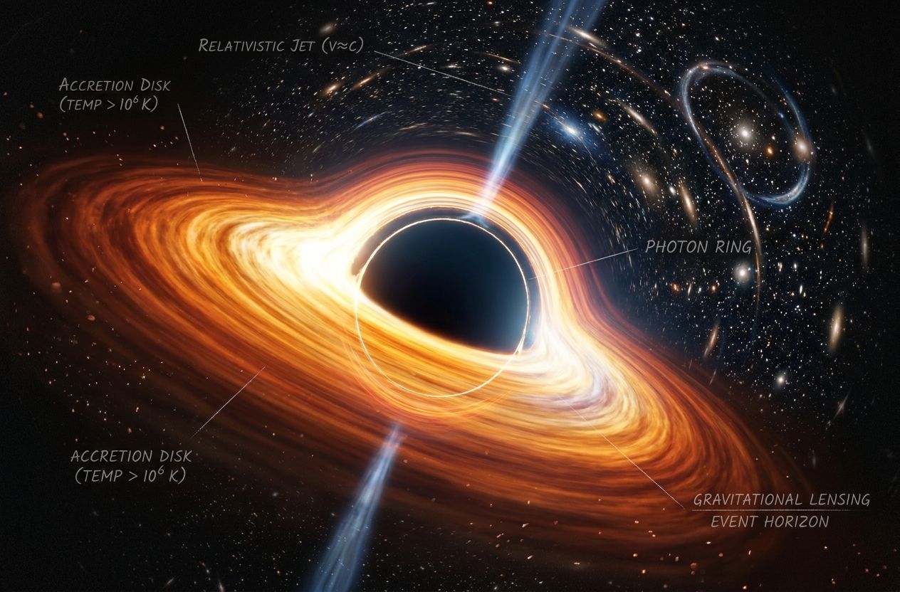Visualization of a spinning black hole with an accretion disk, relativistic jets and a gravitationally lensed background