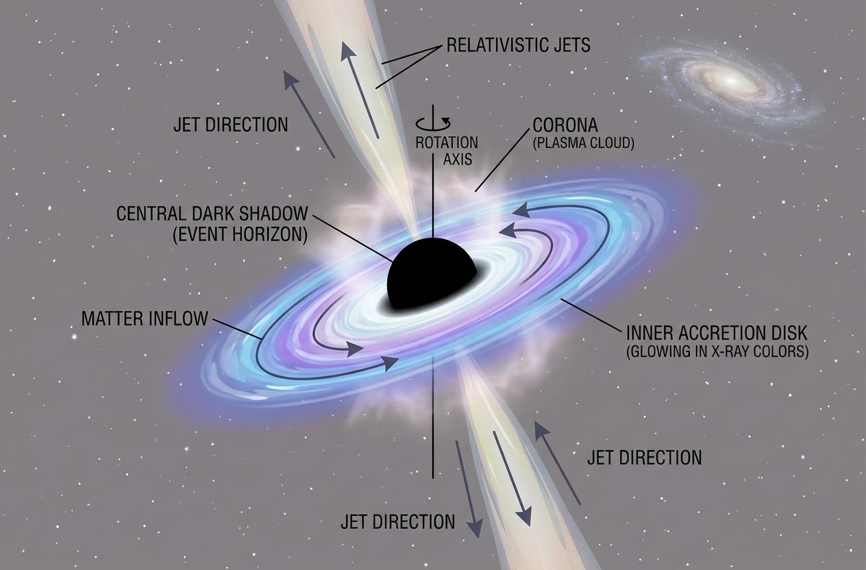Diagram of a black hole with accretion disk, corona and jets, labeled for educational use