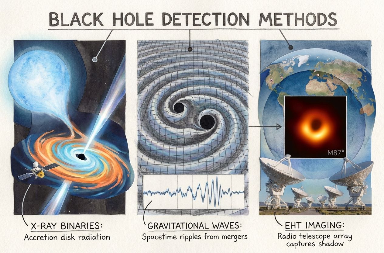 Composite illustration of X-ray emission, gravitational waves and radio imaging used to detect black holes