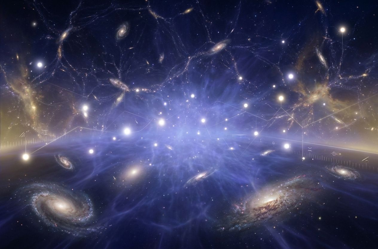 Illustration of galaxies and cosmic web being stretched by an invisible blue-violet field representing dark energy, with bright Type Ia supernovae visible as distance markers.