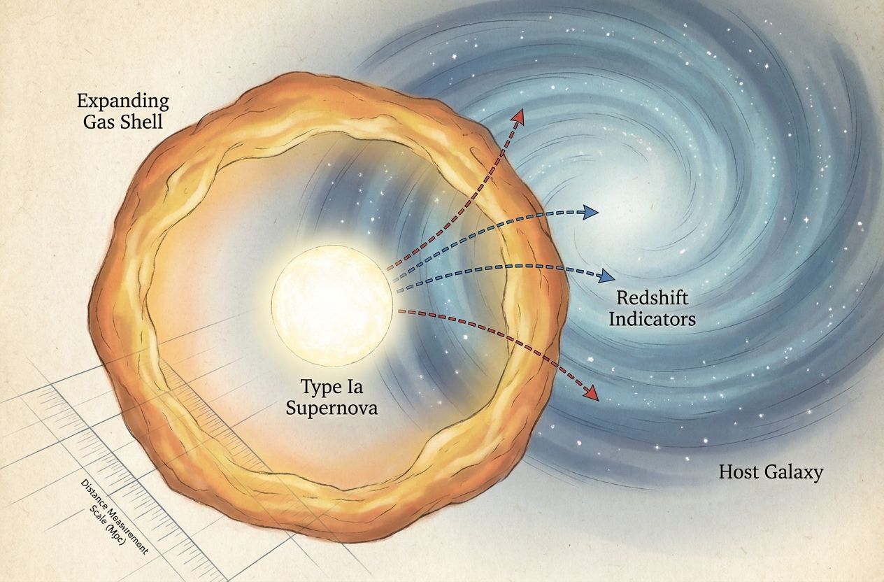 Type Ia supernova bright explosion in a distant galaxy, illustrated as a luminous marker used to measure cosmic distances
